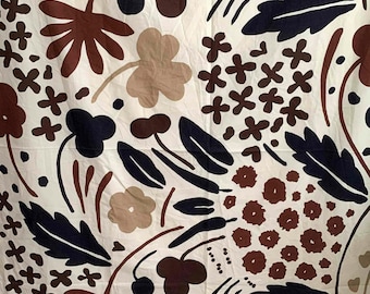 Marimekko Suvi by Fujiwo Ishimoto mid-century, cotton, floral fabric, brown flowers 56.6" Wx73.6" L