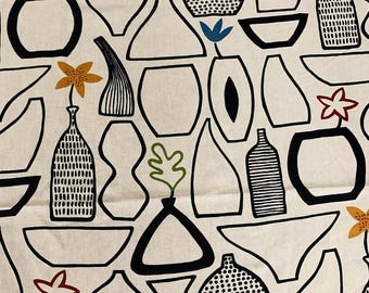 New! Retro Print Fabric With Vases and Flowers, Cotton Vintage style, Scandinavian Design