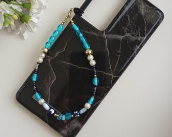 Pulsera reciclada de cuentas azules y doradas con diseño de ojo malvado para teléfono