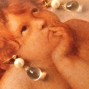 Upcycled Gold-Plated Pearl & Glass Dangle Earrings: Sustainable Jewelry, Unique Christmas Present for Her