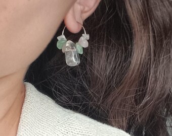 Pendientes de aro con piedras preciosas naturales: cuarzo rosa y aventurina reciclados