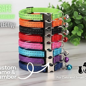 Personalized Reflective Cat Collar / Puppy collar with Bell, Custom Cat for Pet Birthday Gift, Custom Cat Collar | Name and Number Engraving