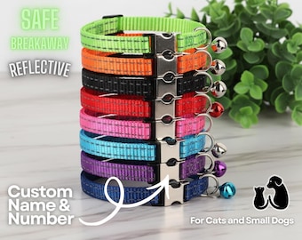 Personalized Reflective Cat Collar / Puppy collar with Bell, Custom Cat for Pet Birthday Gift, Custom Cat Collar | Name and Number Engraving