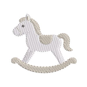 May include: A white and tan embroidered rocking horse design. The horse has a textured appearance, with a tan mane, tail, and saddle. The rocking horse is a classic toy, perfect for baby showers and nurseries.