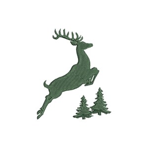 May include: A green silhouette of a deer jumping over two small green trees.