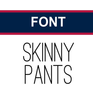 May include: A graphic design with the text "FONT" in a red and blue banner at the top and the text "SKINNY PANTS" in a black sans-serif font below.