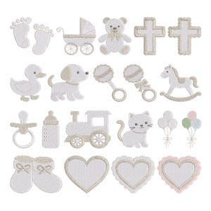 May include: A collection of embroidered baby-themed designs in white and beige. The designs include footprints, a stroller, a teddy bear, crosses, a duck, a dog, rattles, a rocking horse, a pacifier, a bottle, a train, a cat, balloons, baby booties, and heart shapes.