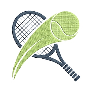 May include: Embroidered tennis design featuring a green tennis ball in motion, with two blue tennis rackets. The rackets are positioned to create a dynamic visual effect, suggesting movement and action. The design is set against a white background.