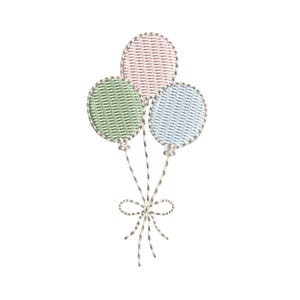 May include: Embroidered design of three balloons in pastel colors: pink, green, and blue. Each balloon has a woven texture and is tied together with a bow. The design is on a white background.