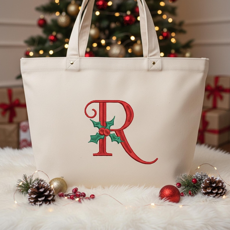 Holly Monogram Christmas Embroidery Font | 2 Styles | Holiday Embroidery Machine File | Script Lettering Design | Digital Download image 3