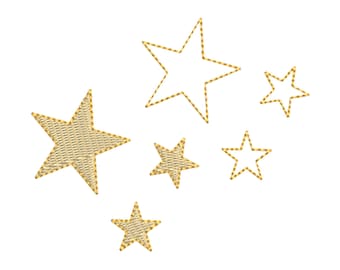 Star Trio Broderimonogram: 2 stilar, 5 storlekar, stjärnkontur och fylld digital broderimaskinsfil, barnstjärnbroderimotiv