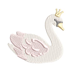 May include: An embroidered design of a white swan with pink wing details and a gold crown. The swan has a gray band around its neck and a yellow beak. The design is on a white background.