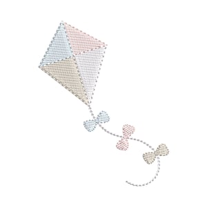 Puede incluir: Cometa bordada en tonos pastel, con secciones en azul claro, rosa y beige. La cometa tiene forma de diamante y una cadena de lazos decorativos a juego. Adecuado para artículos infantiles.