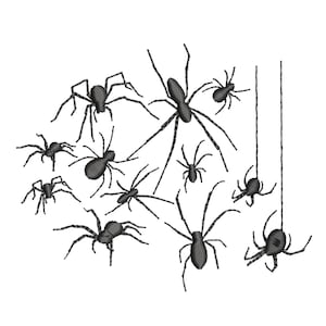 May include: A collection of black spider decorations in various sizes and poses. Some spiders are crawling, while others hang from thin, black threads. The spiders have detailed bodies and long, thin legs, perfect for Halloween decor.