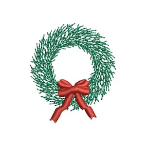 May include: A green Christmas wreath with a red bow. The wreath is made of pine branches and the bow is tied with a ribbon.