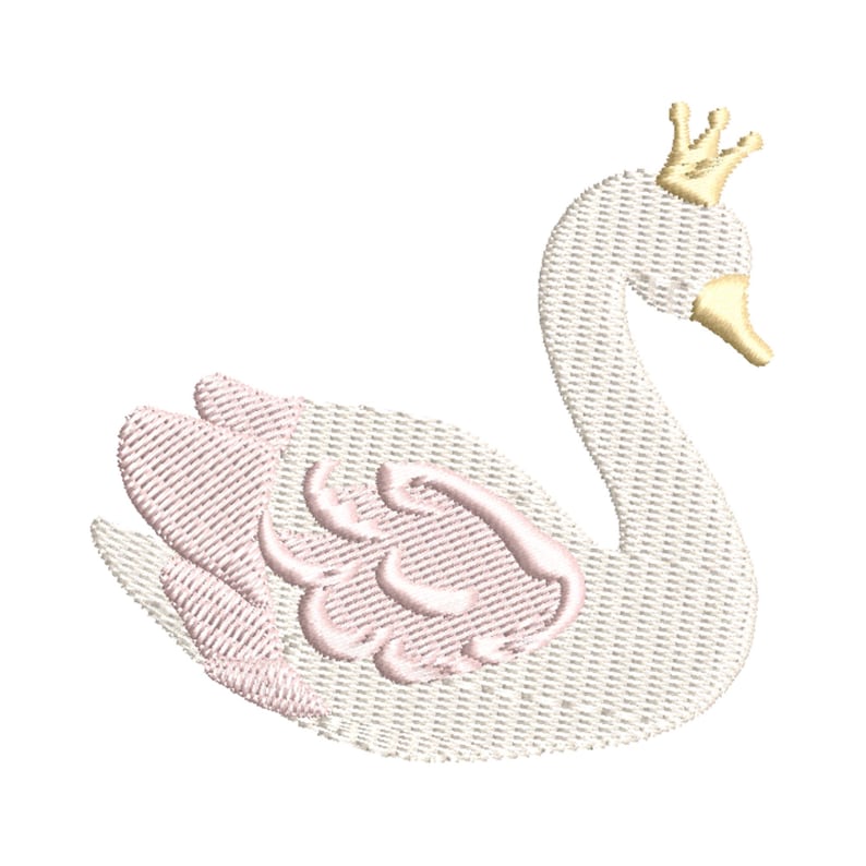 May include: Embroidered swan design with a gold crown and a light pink wing detail. The swan is primarily white, with a textured appearance, suitable for apparel or craft projects.