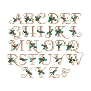 May include: A decorative alphabet with a Christmas theme. Each letter is in a beige color with a green holly leaf and red berry design.