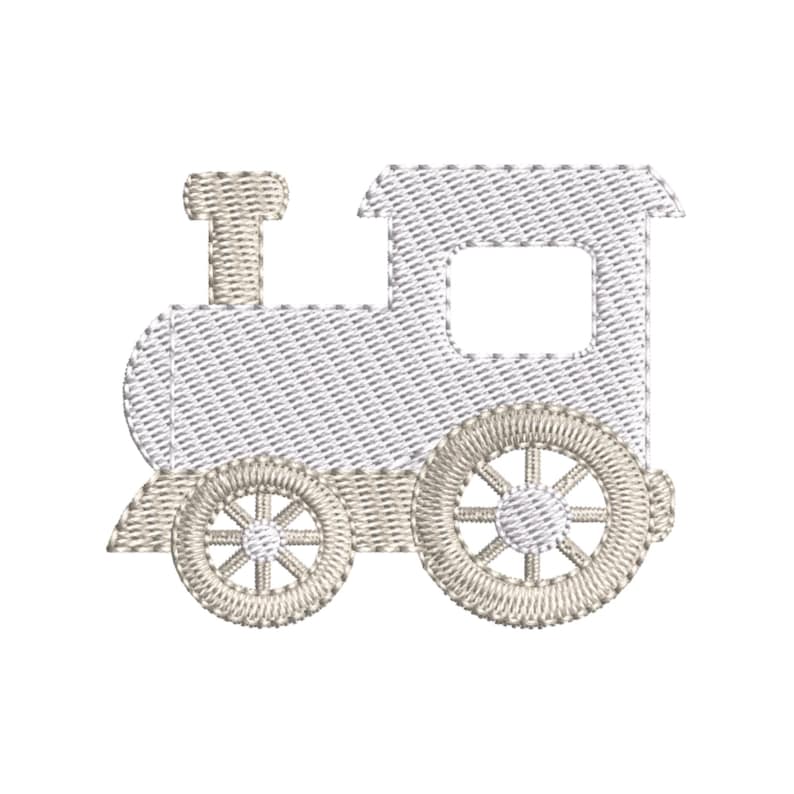 May include: An embroidered train design in shades of white and beige. The train features a circular front, a rectangular window, and two spoked wheels. The design is detailed with textured stitching, perfect for baby clothing or nursery decor.
