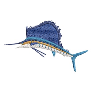 May include: A blue and white sailfish with a long, pointed bill and a dorsal fin that extends almost the entire length of its back.