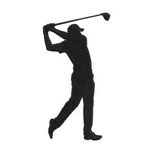 May include: Silhouette of a golfer in mid-swing, rendered in black. The figure is wearing a cap and swinging a golf club. The image is set against a white background, emphasizing the action and form of the golfer.