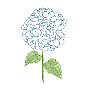 May include: A blue hydrangea flower with green leaves. The flower is outlined in blue and the leaves are filled with green.