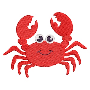 Op de afbeelding: Geborduurde rode krab met grote scharen en meerdere poten. De krab heeft witte en zwarte ogen en een lachende mond. Het ontwerp staat op een witte achtergrond. Ideaal voor nautische of strandthema-ambachten.