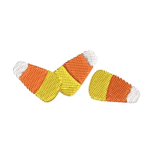 May include: Three candy corn shaped embroidery designs in yellow, orange and white.