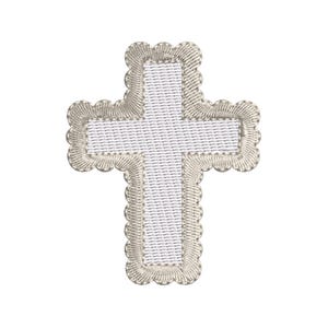 May include: Embroidered cross patch with a white center and a scalloped, light beige border. The cross has a textured appearance, suitable for sewing onto clothing or accessories. Ideal for religious or decorative projects.