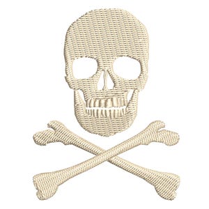 May include: A white embroidered skull and crossbones design. The skull has a detailed face with a wide smile and two eye sockets. The crossbones are made of two long bones that intersect in the middle.
