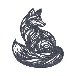 May include: A black and white stylized illustration of a fox sitting with its tail curled around its body. The fox is drawn with intricate lines and swirls, creating a detailed and elegant design.