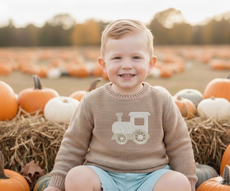 May include: A young child wearing a tan sweater with a light-colored train design, sitting among pumpkins and hay bales. The child is smiling, with a pumpkin patch in the background.