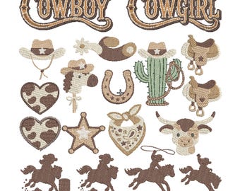 Kids Western Embroidery Design Bundle| 16 Unique Motifs |  Cowboy Cowgirl Machine Embroidery Files | Western Rodeo Theme Embroidery Set