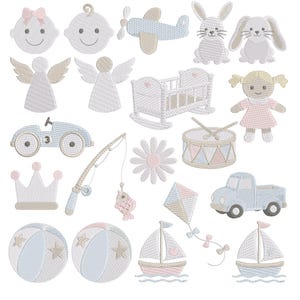 May include: A collection of embroidered baby-themed designs in pastel colors. Includes smiling faces, angels, a crib, a car, a fishing rod, a crown, a flower, a drum, a truck, beach balls, a kite, a sailboat, a doll, a plane, and rabbits.