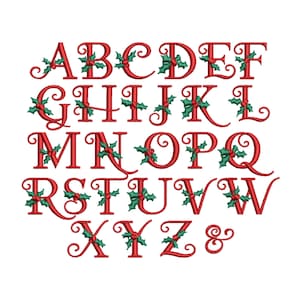 May include: Red and green alphabet with holly berry accents. Each letter has a decorative flourish. The letters are uppercase and include an ampersand.
