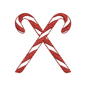 May include: Two red and white candy canes are crossed over each other.