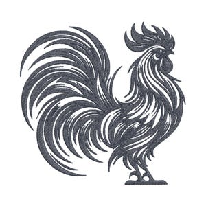 May include: A black and white line art illustration of a rooster with a large, detailed tail.