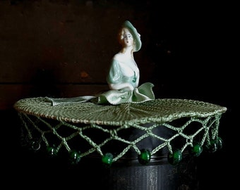 antique {shabby} half doll wire rim doily - green and white with glass beads - curio cabinet collectables