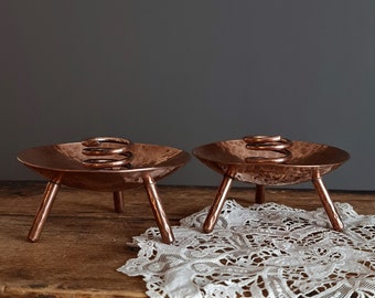 pair of vintage copper candlesticks - bowl shape with tripod feet & spiral cup - mid century modern