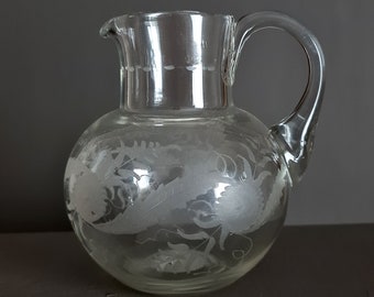 antique etched glass water jug - 19th century floral pattern pitcher - hand blown Victorian tableware