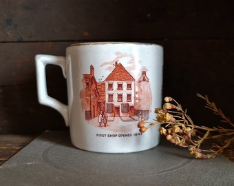 antique Rochdale Pioneer Society mug - CWS Labor and Wait, Longton - small Edwardian porcelain coffee cup - UK food cooperative souvenir