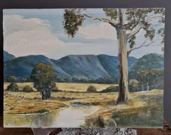 vintage original oil painting, Crooked River, Great Dividing Range Victoria, Australian landscape art