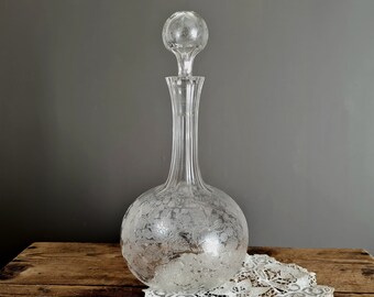 antique glass decanter - needle etched, star base - globe and shaft style with blackberry design, possibly Fostoria USA