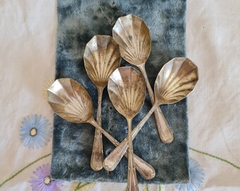 Stylist Prop Spoon Set - 5 scalloped bowl dessert spoons with heavy patina and tarnish - rustic food photography - farmhouse display decor