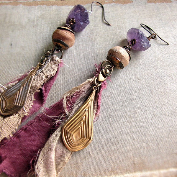 painted - raw amethyst earrings - romantic vintage textiles - bohemian charm - RESERVED