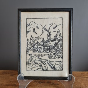 pair of framed blackwork embroidery landscapes of Norway Scandinavian textile art gothic cottage decor image 3