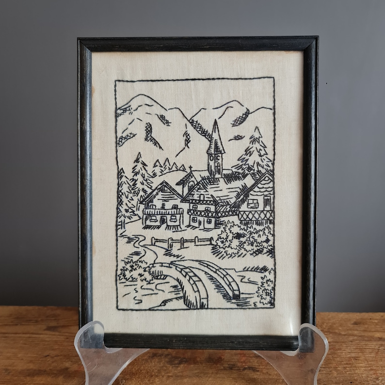 pair of framed blackwork embroidery landscapes of Norway Scandinavian textile art gothic cottage decor image 3