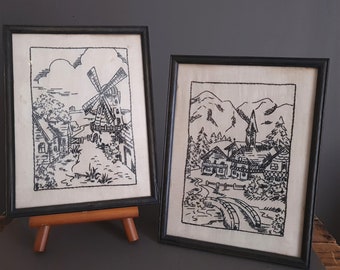 pair of framed blackwork embroidery - landscapes of Norway - Scandinavian textile art - gothic cottage decor