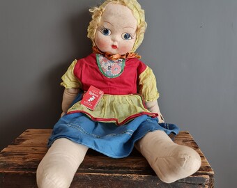 large {shabby} cloth doll - 1930s mask face girl, hand painted features - vintage collectors toy - needs restoration