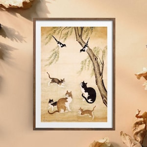 Vintage Korean Cat Painting | Joseon Dynasty Art Print | Asian Oriental Home Decor | Traditional Ink Painting | Korean Gift | Kpop