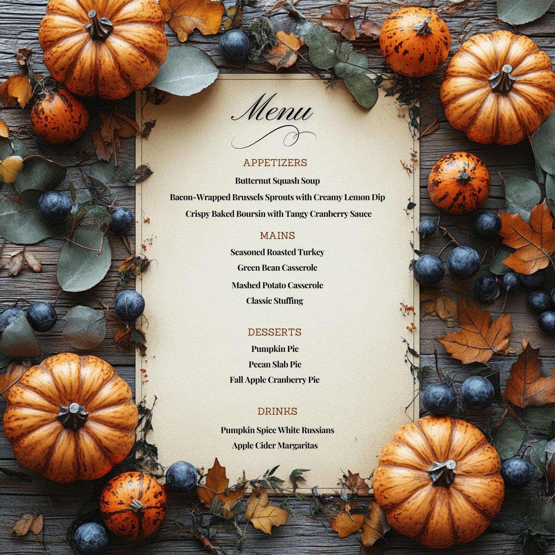 Editable Fall Menu Template 8.5x11 Customizable Thanksgiving Dinner Editable Fall Menu Template 8.5x11 Customizable Thanksgiving Dinner